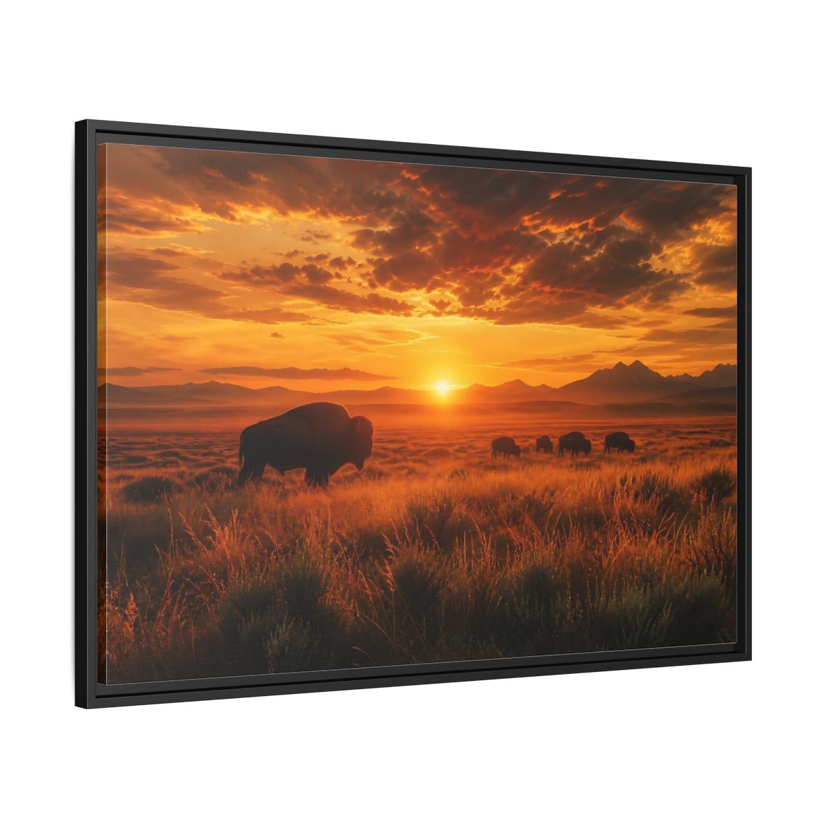 Side Mockup 13. Golden Prairie Bison At Sunset shown as framed canvas print