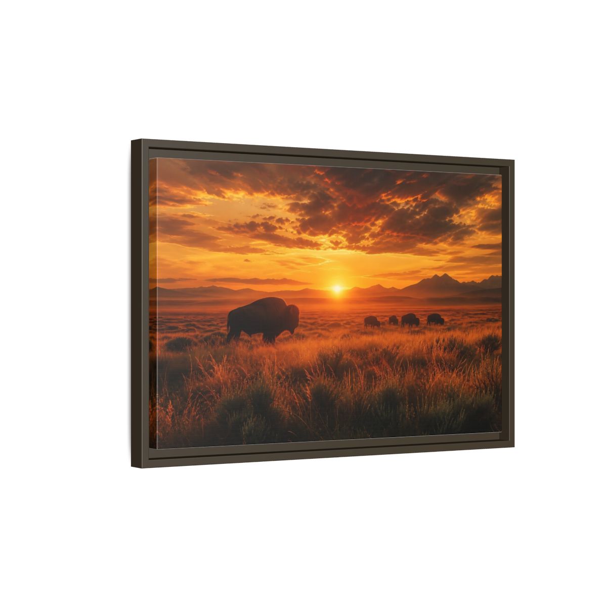 Side Mockup 2. Golden Prairie Bison At Sunset shown as framed canvas print