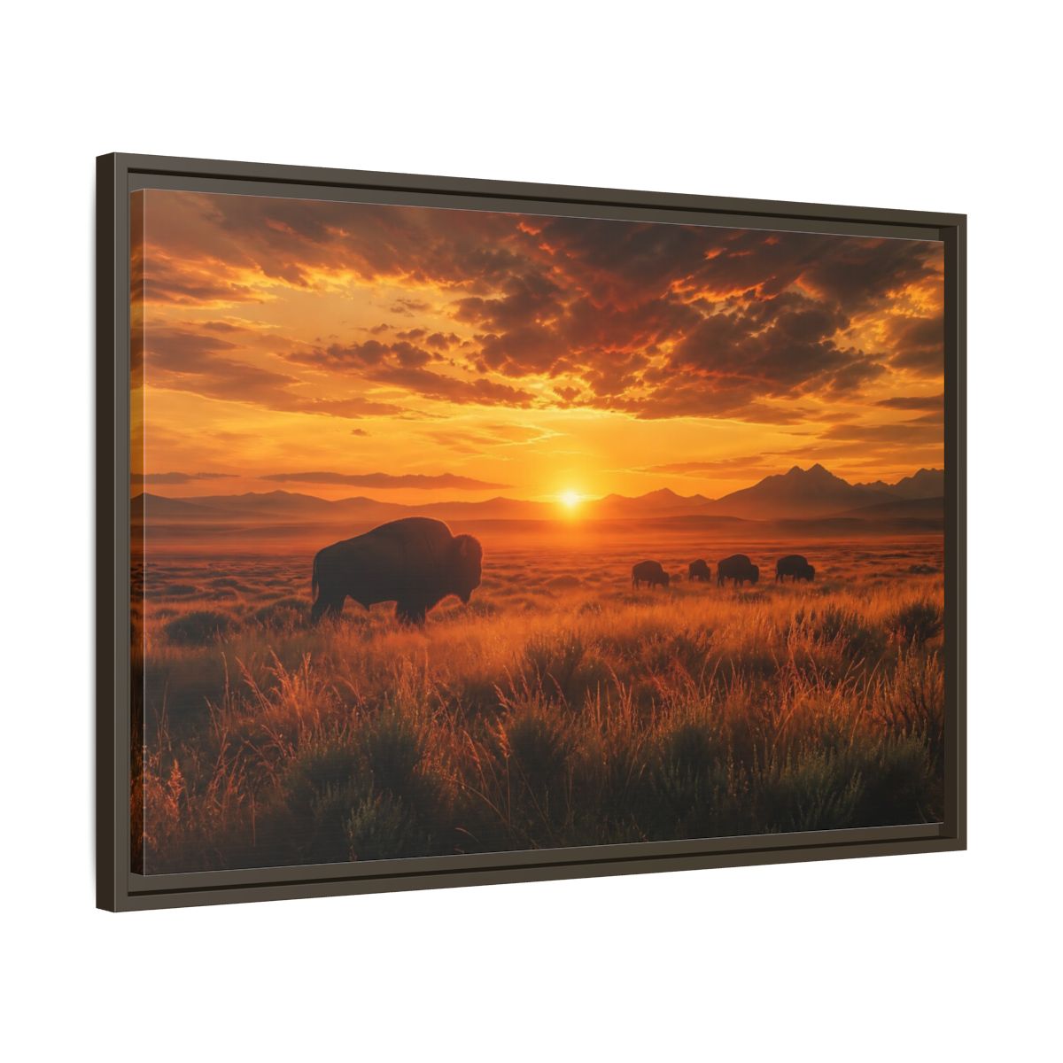 Side Mockup 11. Golden Prairie Bison At Sunset shown as framed canvas print