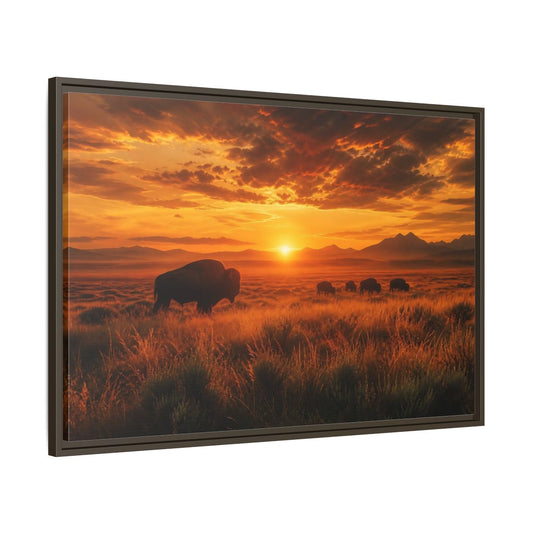 Main Mockup. Golden Prairie Bison At Sunset shown as framed canvas print