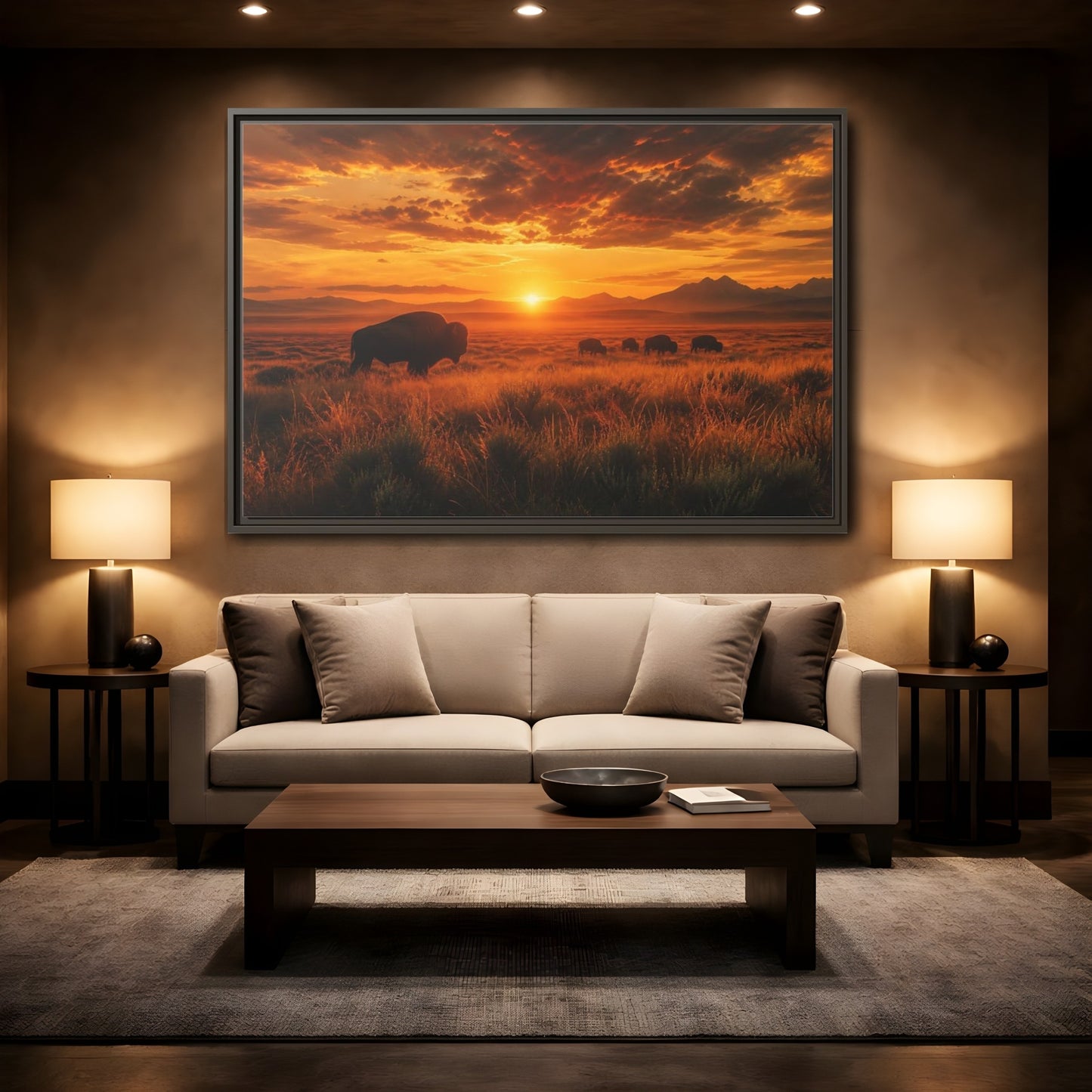 Mockup 2. Golden Prairie Bison At Sunset shown as framed canvas print