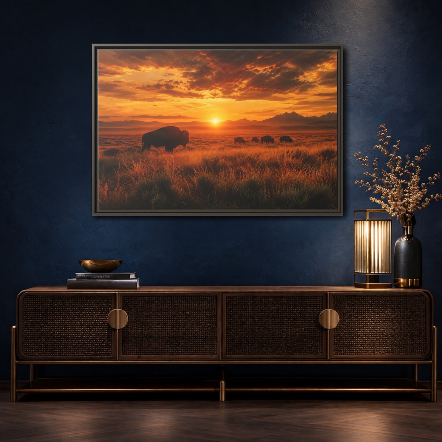 Mockup 4. Golden Prairie Bison At Sunset shown as framed canvas print