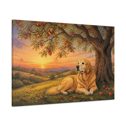 Main Mockup. Golden Retriever At Sunset shown as canvas print