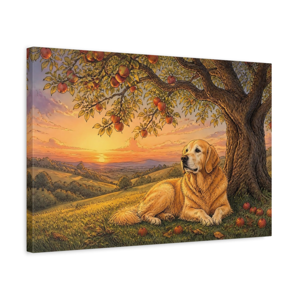 Side Mockup 3. Golden Retriever At Sunset shown as canvas print