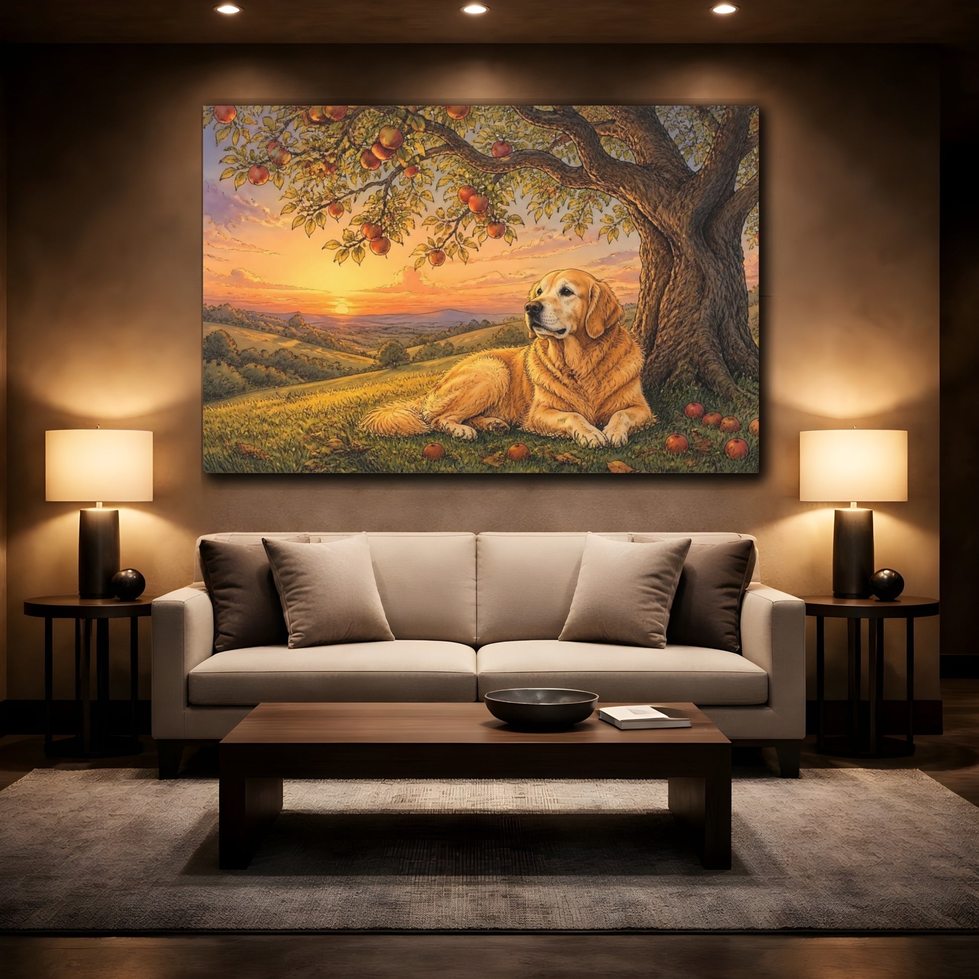 Mockup 2. Golden Retriever At Sunset shown as canvas print