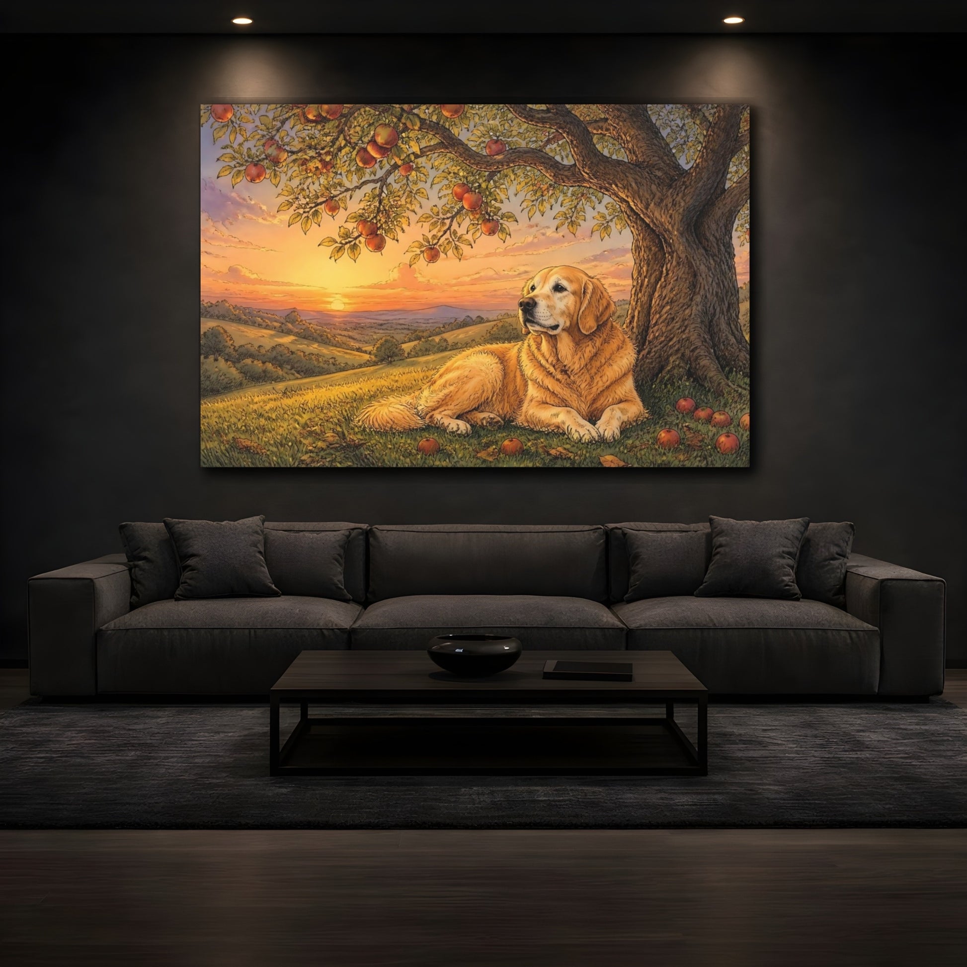 Mockup 3. Golden Retriever At Sunset shown as canvas print