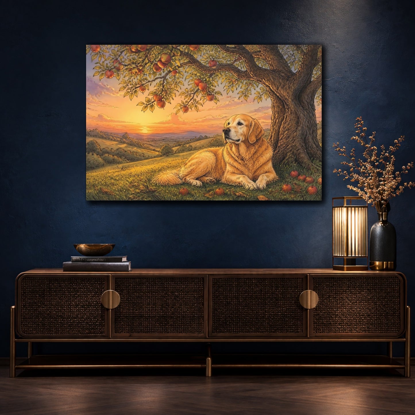 Mockup 4. Golden Retriever At Sunset shown as canvas print
