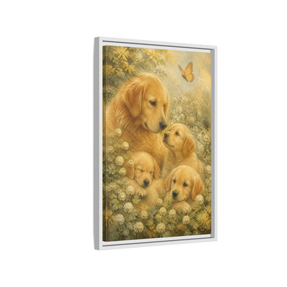 Side Mockup 1. Golden Retriever Pets Embrace shown as framed canvas print
