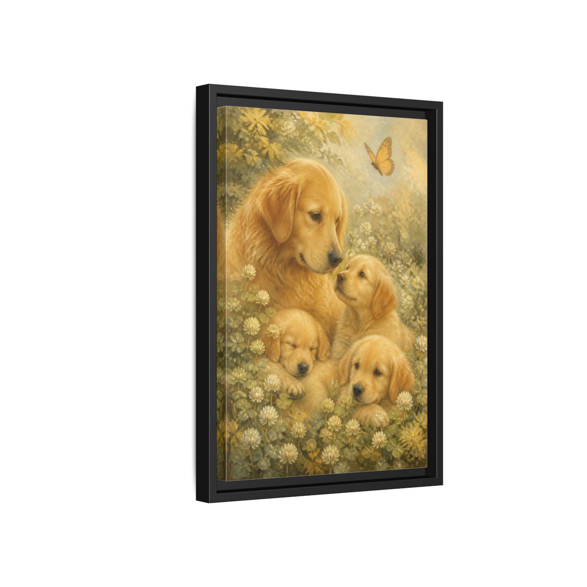 Side Mockup 6. Golden Retriever Pets Embrace shown as framed canvas print
