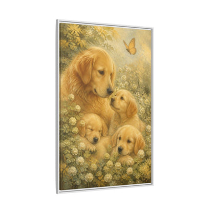 Side Mockup 7. Golden Retriever Pets Embrace shown as framed canvas print