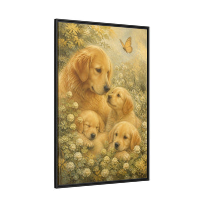 Side Mockup 12. Golden Retriever Pets Embrace shown as framed canvas print