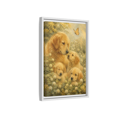 Side Mockup 4. Golden Retriever Pets Embrace shown as framed canvas print
