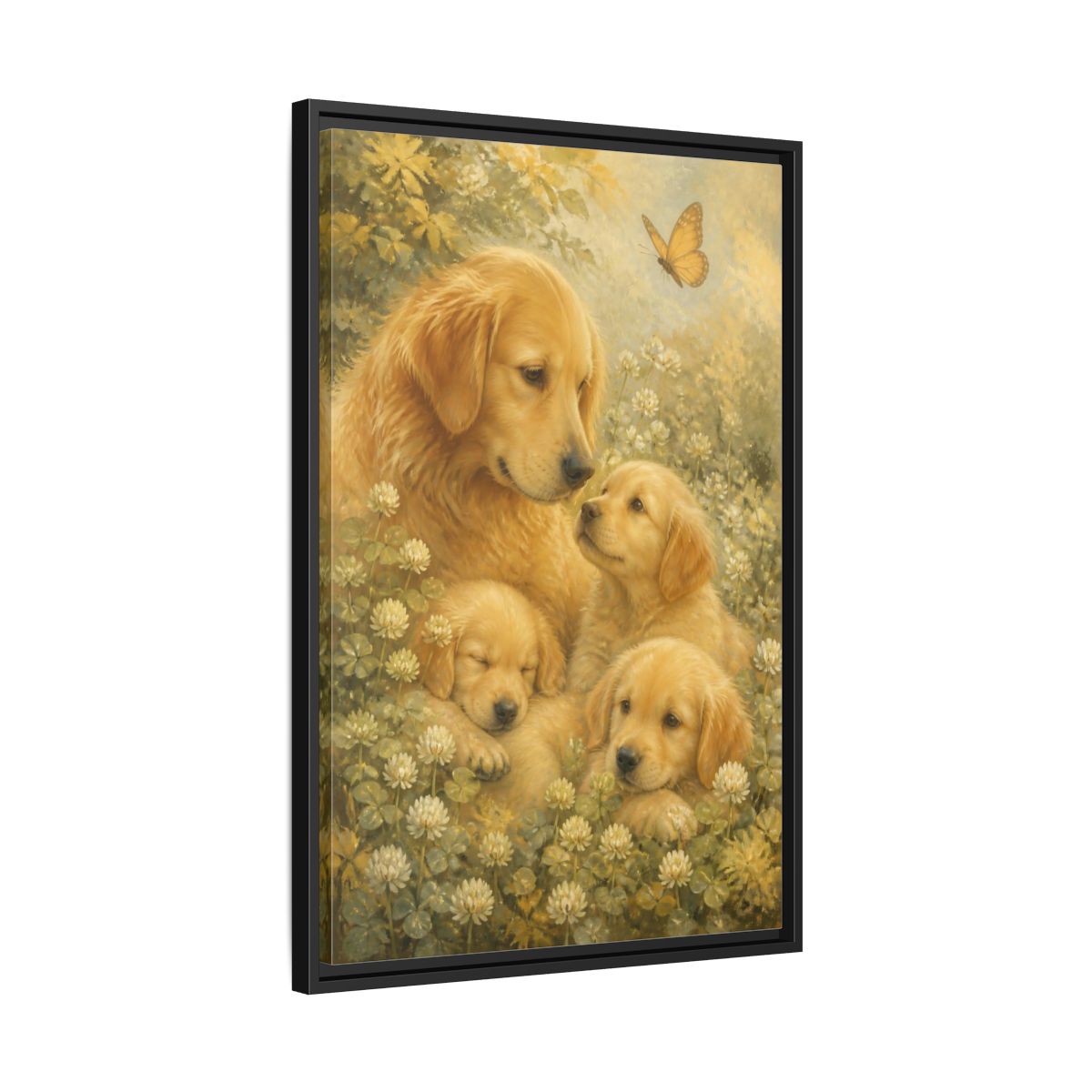 Side Mockup 14. Golden Retriever Pets Embrace shown as framed canvas print