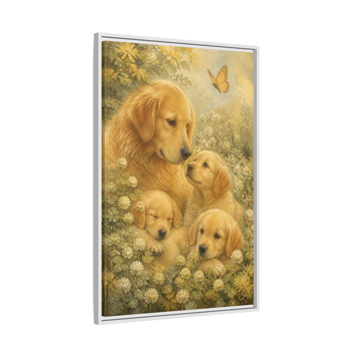 Side Mockup 9. Golden Retriever Pets Embrace shown as framed canvas print