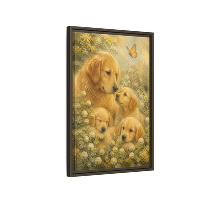 Side Mockup 2. Golden Retriever Pets Embrace shown as framed canvas print