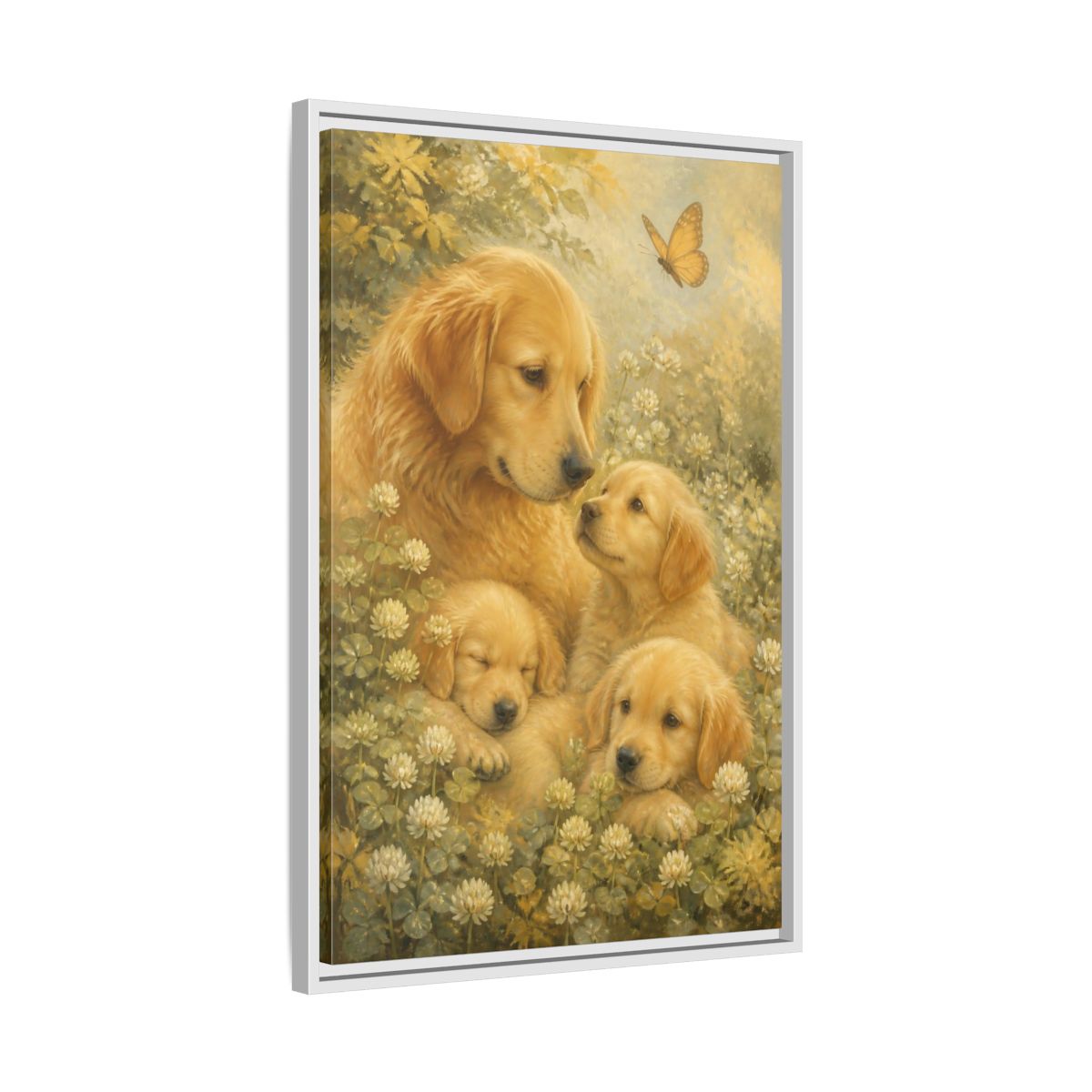 Side Mockup 10. Golden Retriever Pets Embrace shown as framed canvas print