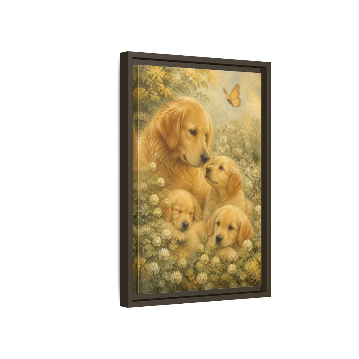 Side Mockup 5. Golden Retriever Pets Embrace shown as framed canvas print