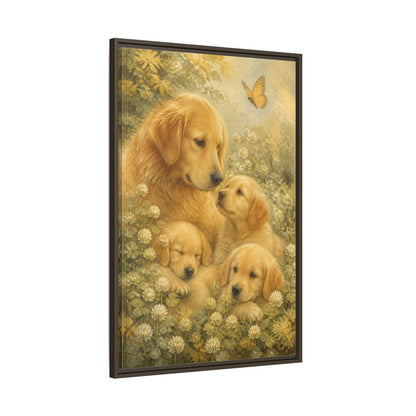 Main Mockup. Golden Retriever Pets Embrace shown as framed canvas print