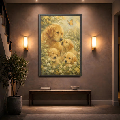 Mockup 2. Golden Retriever Pets Embrace shown as framed canvas print