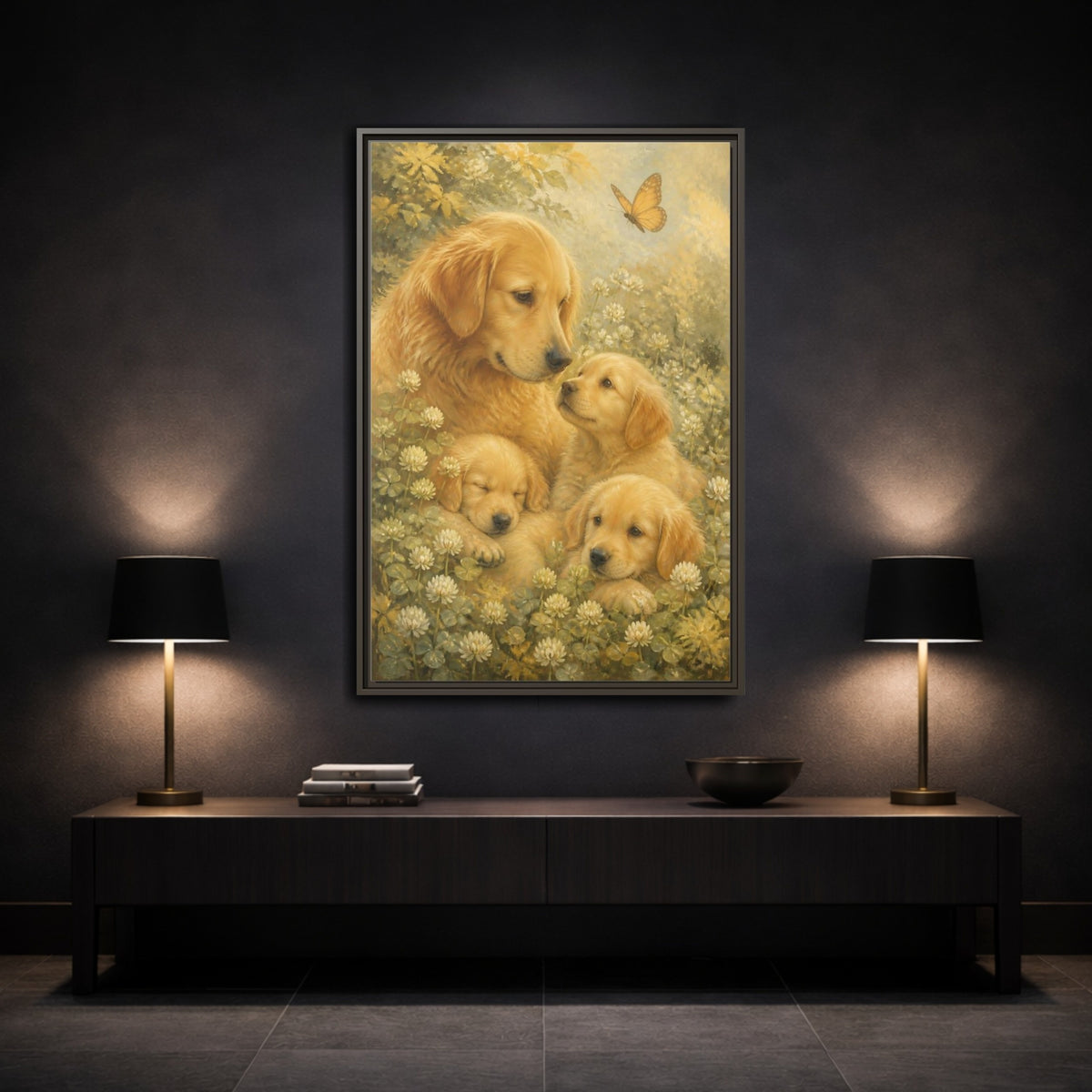 Mockup 3. Golden Retriever Pets Embrace shown as framed canvas print