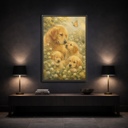 Mockup 3. Golden Retriever Pets Embrace shown as framed canvas print