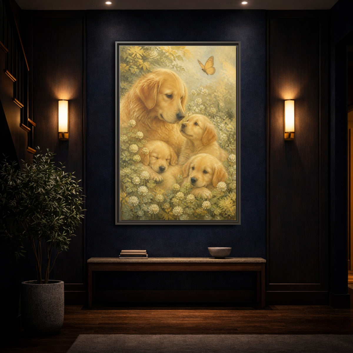 Mockup 4. Golden Retriever Pets Embrace shown as framed canvas print
