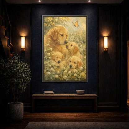 Mockup 4. Golden Retriever Pets Embrace shown as framed canvas print