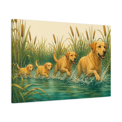 Main Mockup. Golden Retrievers In Water shown as canvas print