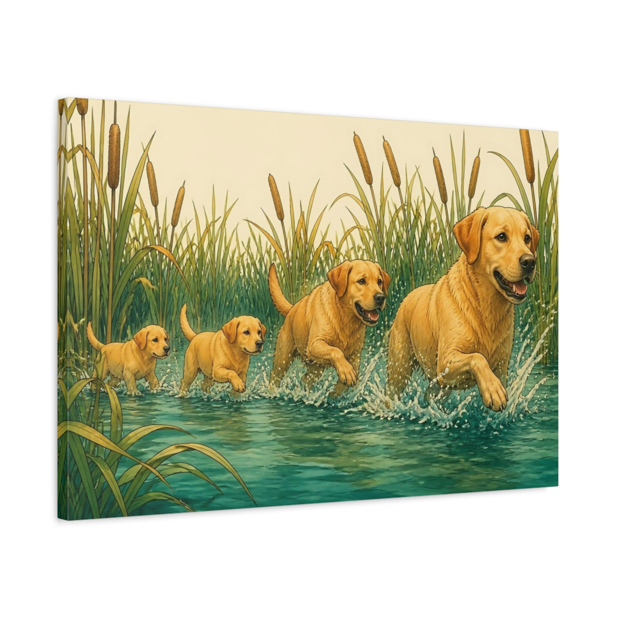 Side Mockup 2. Golden Retrievers In Water shown as canvas print