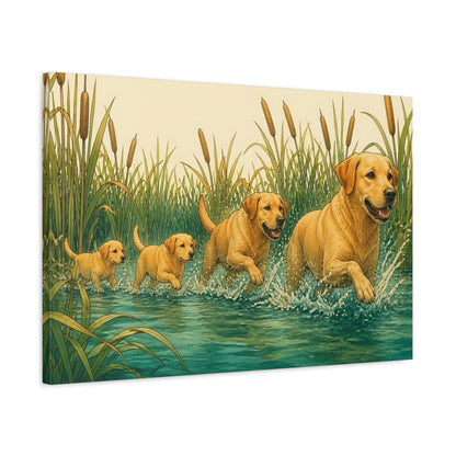 Side Mockup 2. Golden Retrievers In Water shown as canvas print