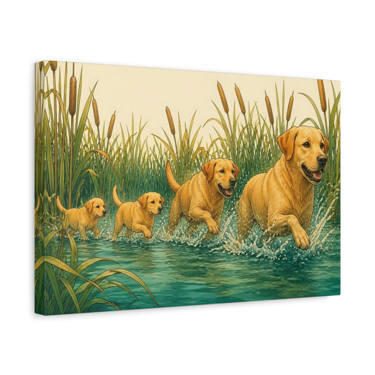 Side Mockup 4. Golden Retrievers In Water shown as canvas print