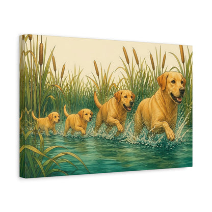 Side Mockup 4. Golden Retrievers In Water shown as canvas print