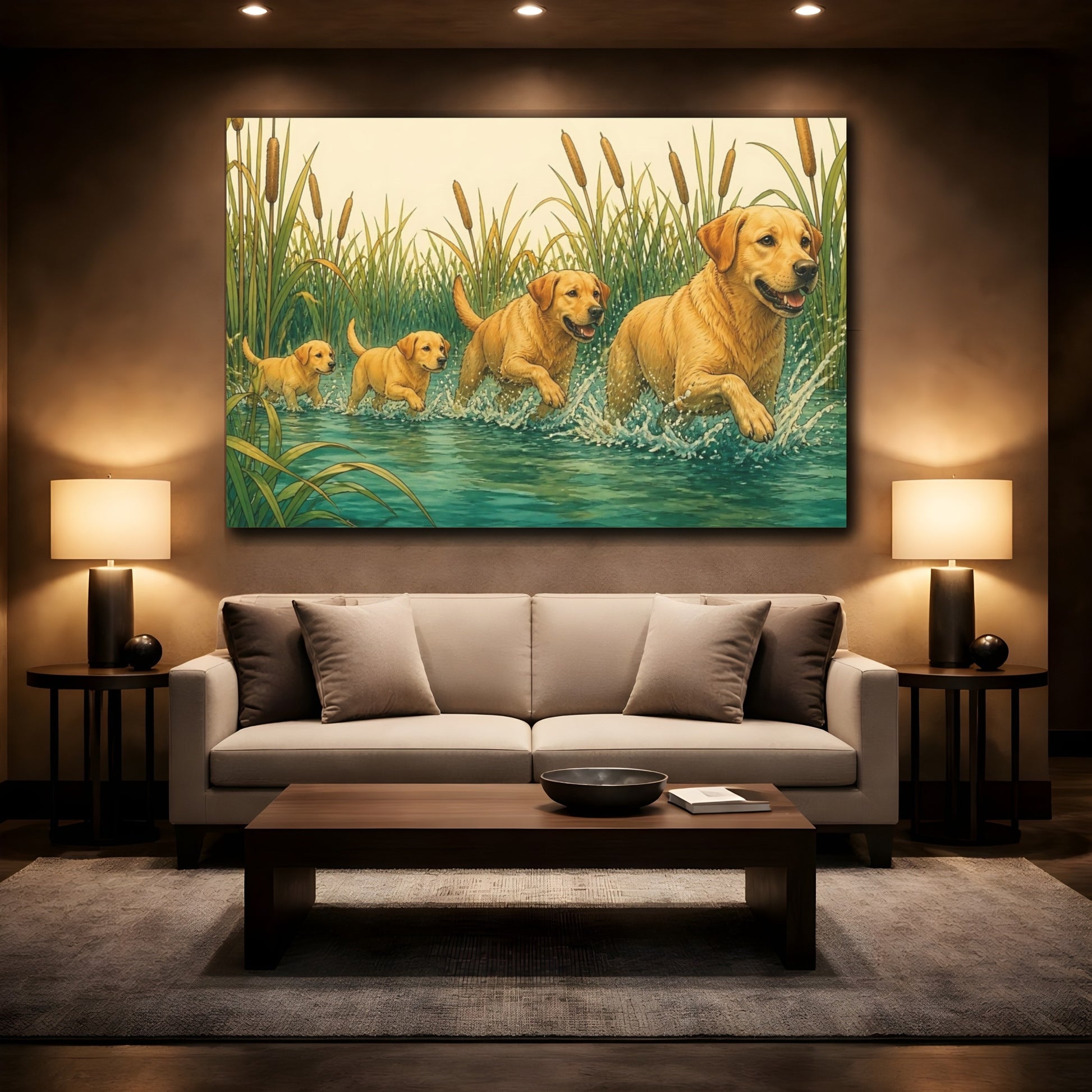 Mockup 2. Golden Retrievers In Water shown as canvas print
