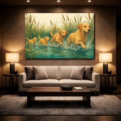 Mockup 2. Golden Retrievers In Water shown as canvas print