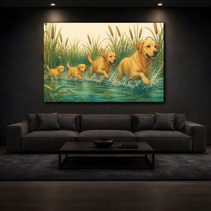 Mockup 3. Golden Retrievers In Water shown as canvas print