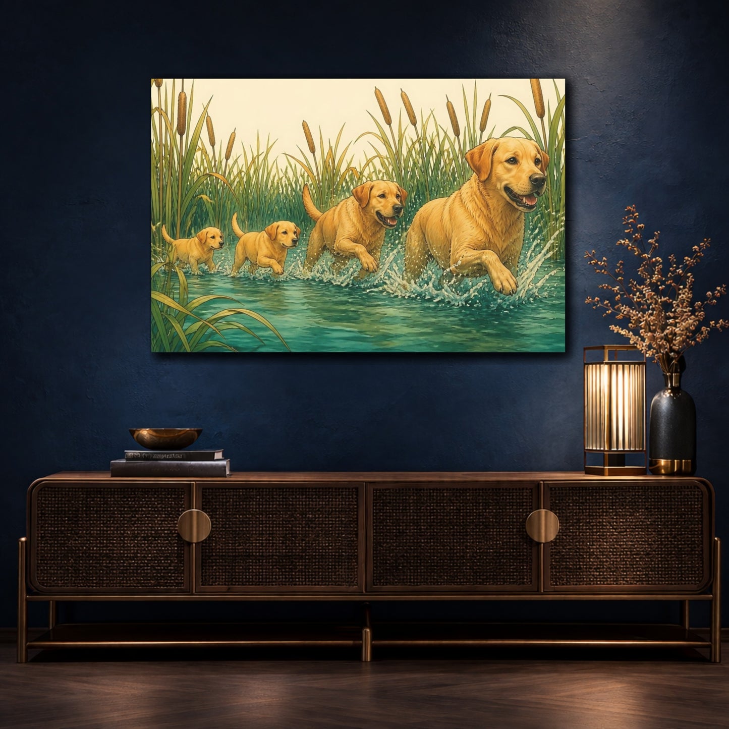Mockup 4. Golden Retrievers In Water shown as canvas print