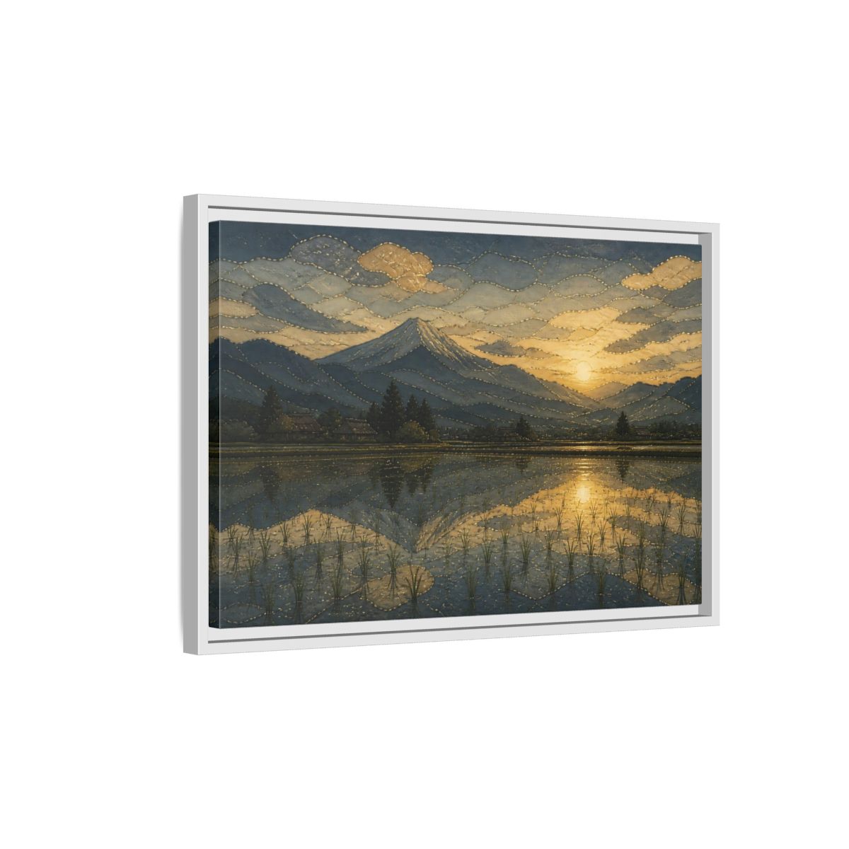 Side Mockup 1. Golden Rice Field Reflection shown as framed canvas print