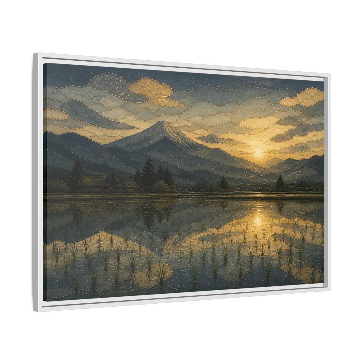 Side Mockup 9. Golden Rice Field Reflection shown as framed canvas print