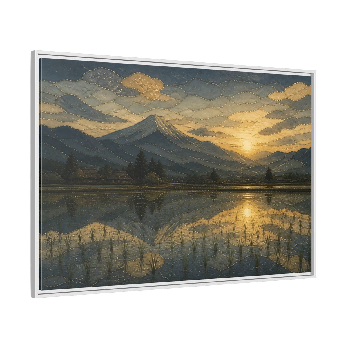 Side Mockup 7. Golden Rice Field Reflection shown as framed canvas print