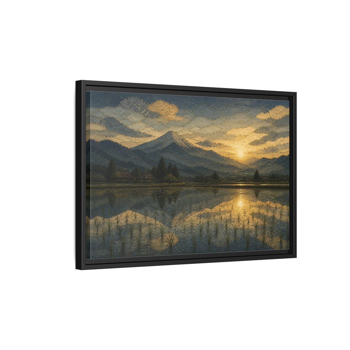 Side Mockup 3. Golden Rice Field Reflection shown as framed canvas print