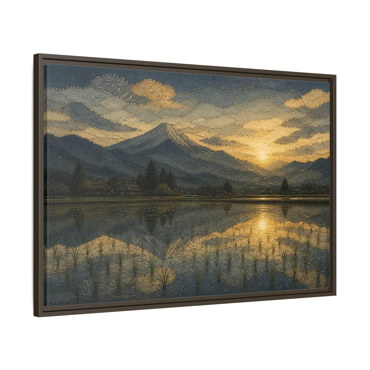 Main Mockup. Golden Rice Field Reflection shown as framed canvas print