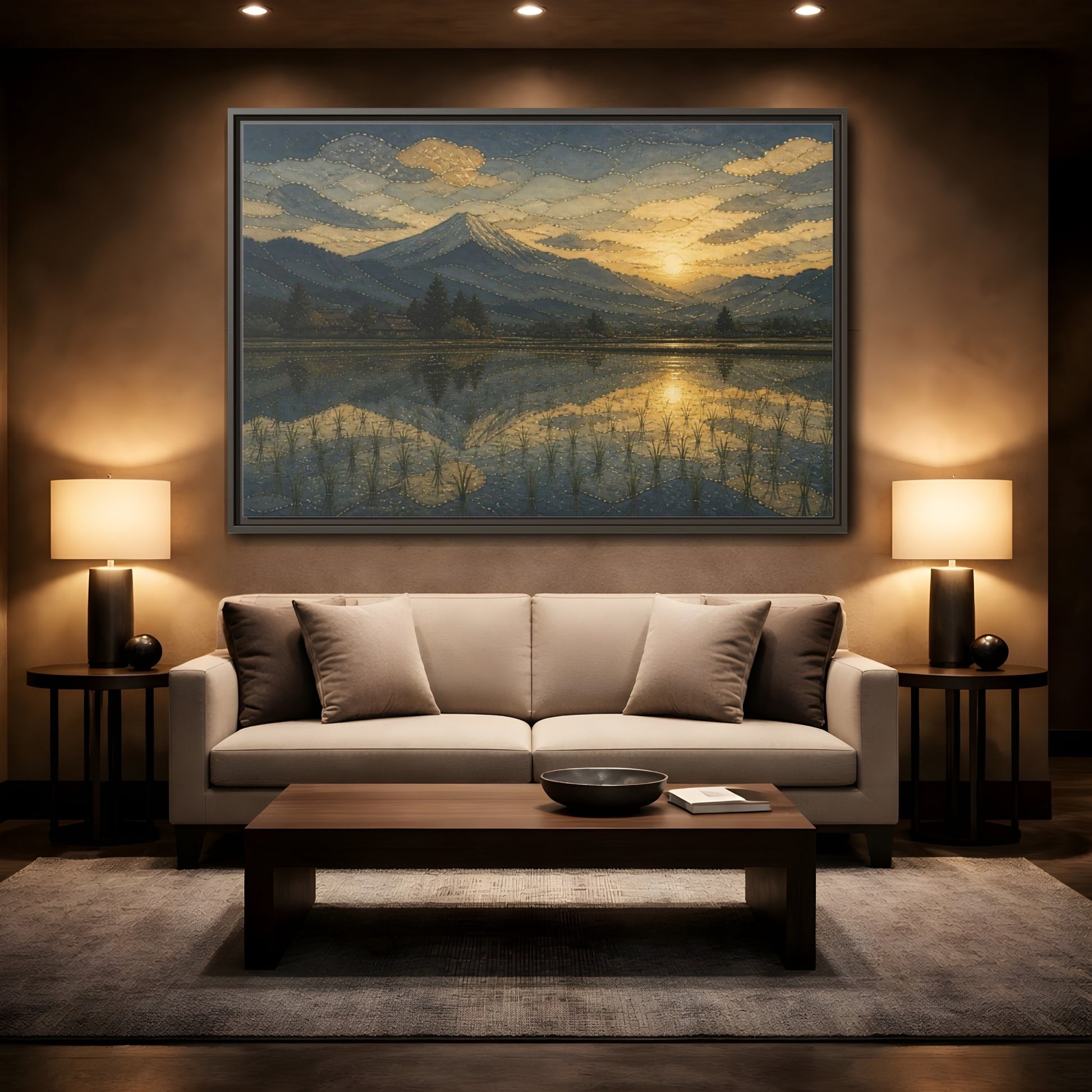 Mockup 2. Golden Rice Field Reflection shown as framed canvas print