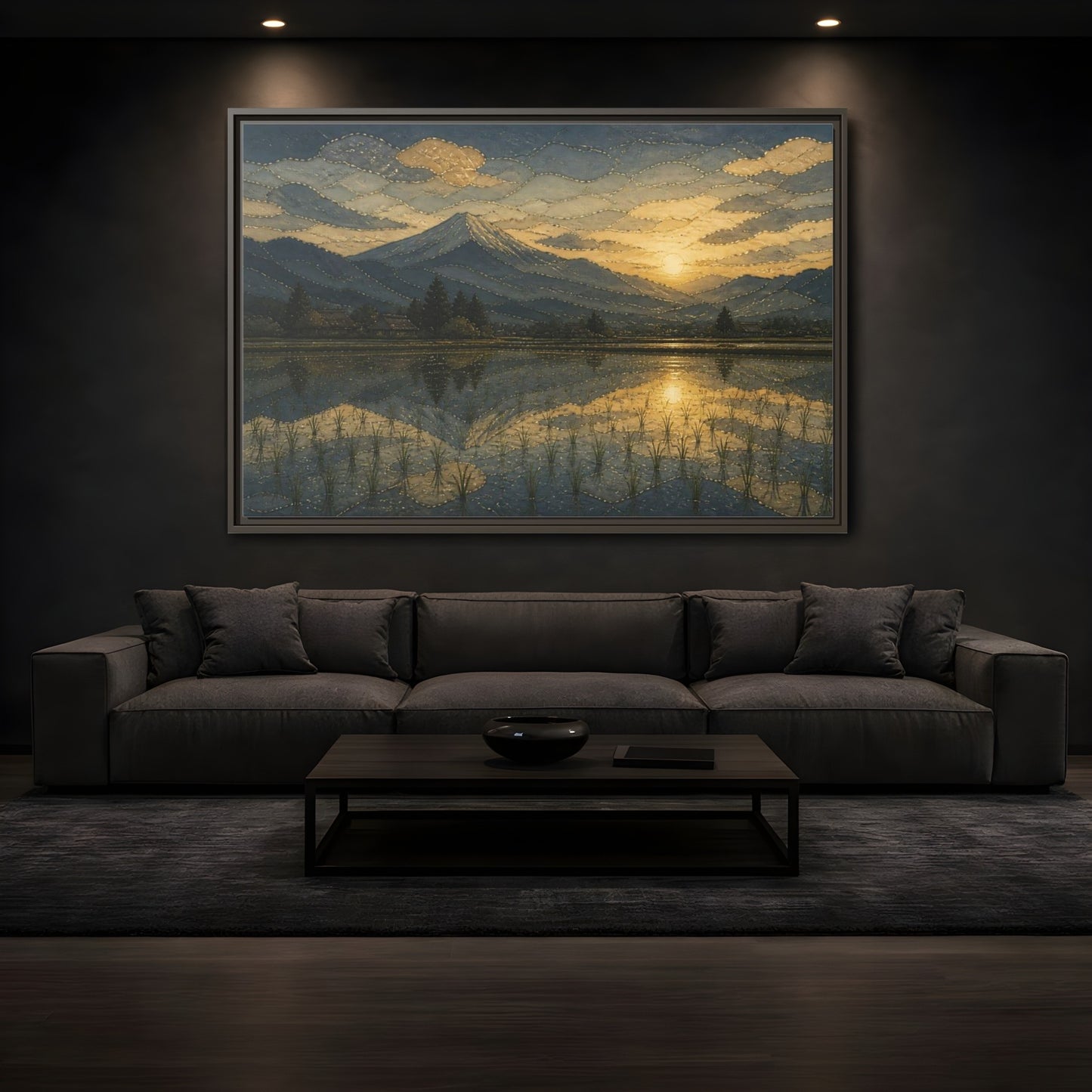 Mockup 3. Golden Rice Field Reflection shown as framed canvas print