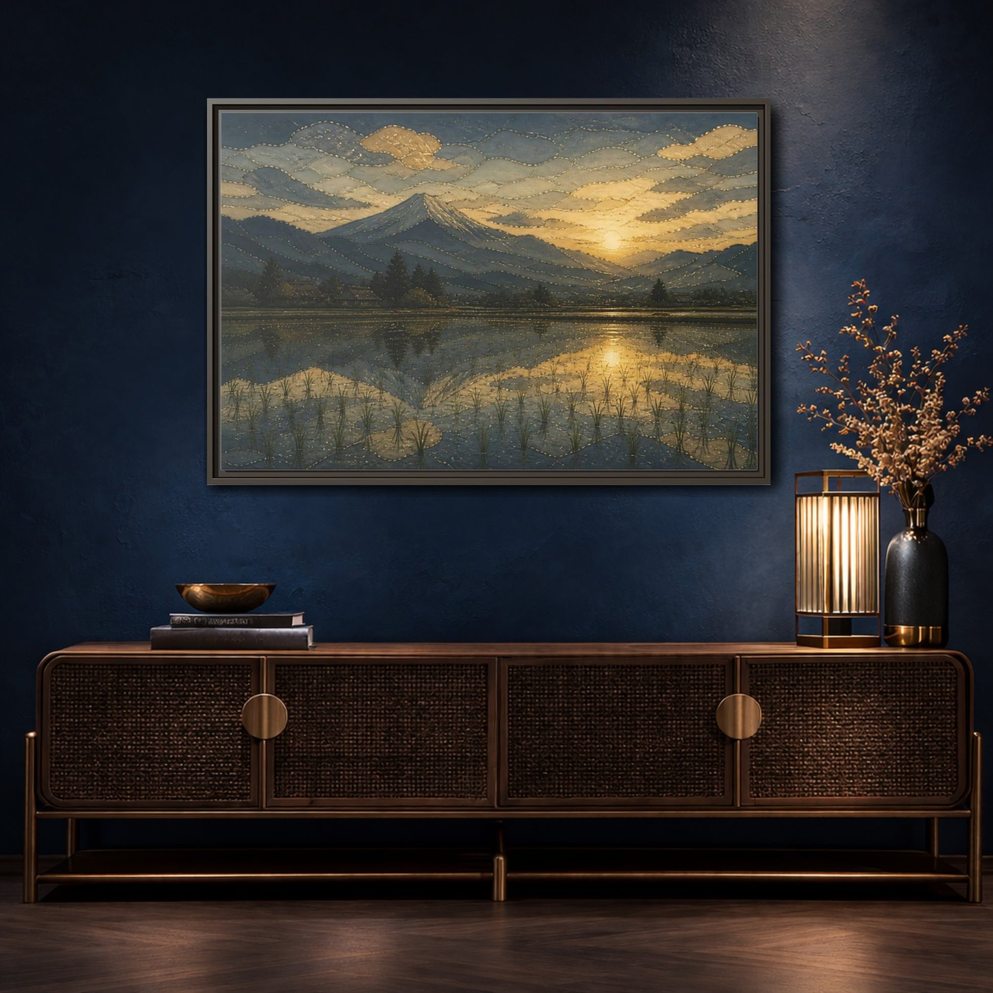 Mockup 4. Golden Rice Field Reflection shown as framed canvas print