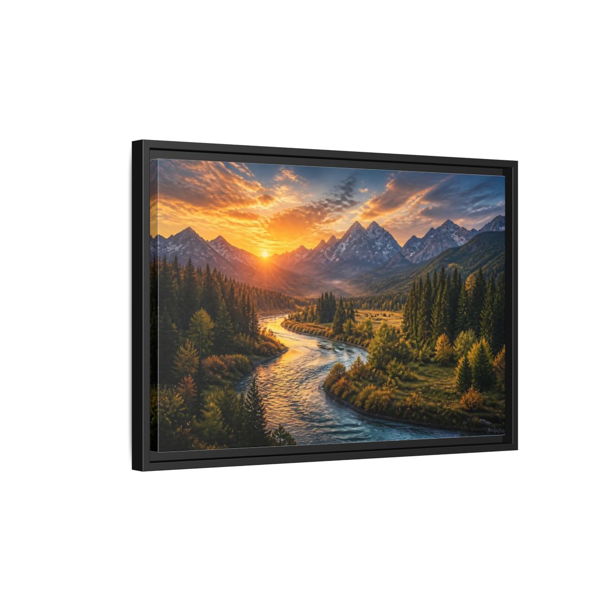 Side Mockup 3. Golden River At Sunrise shown as framed canvas print
