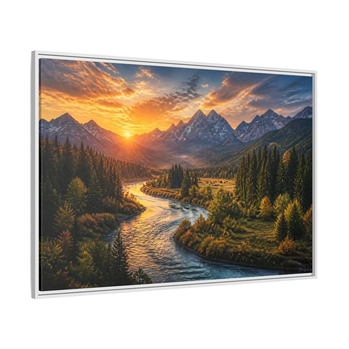Side Mockup 7. Golden River At Sunrise shown as framed canvas print