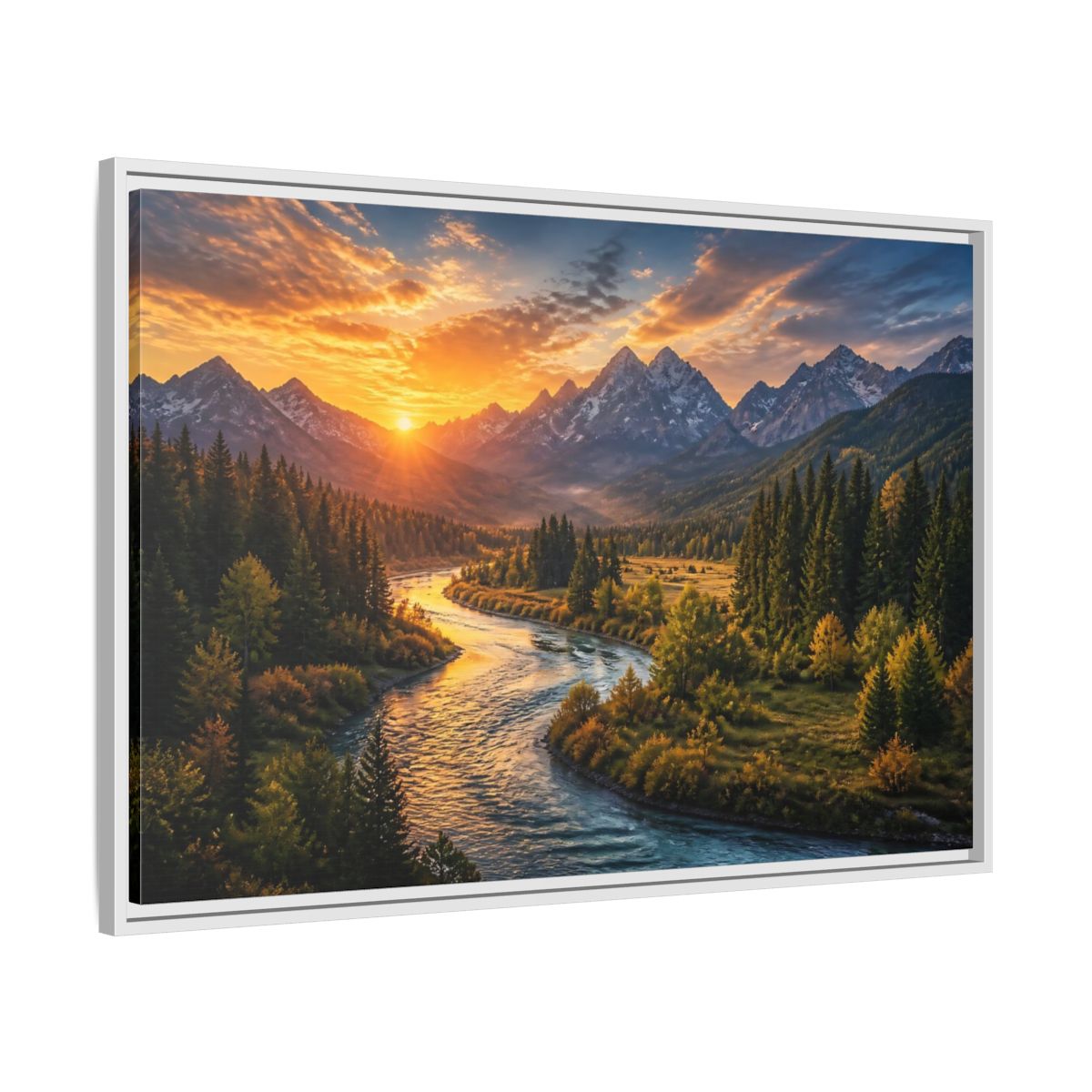 Side Mockup 9. Golden River At Sunrise shown as framed canvas print