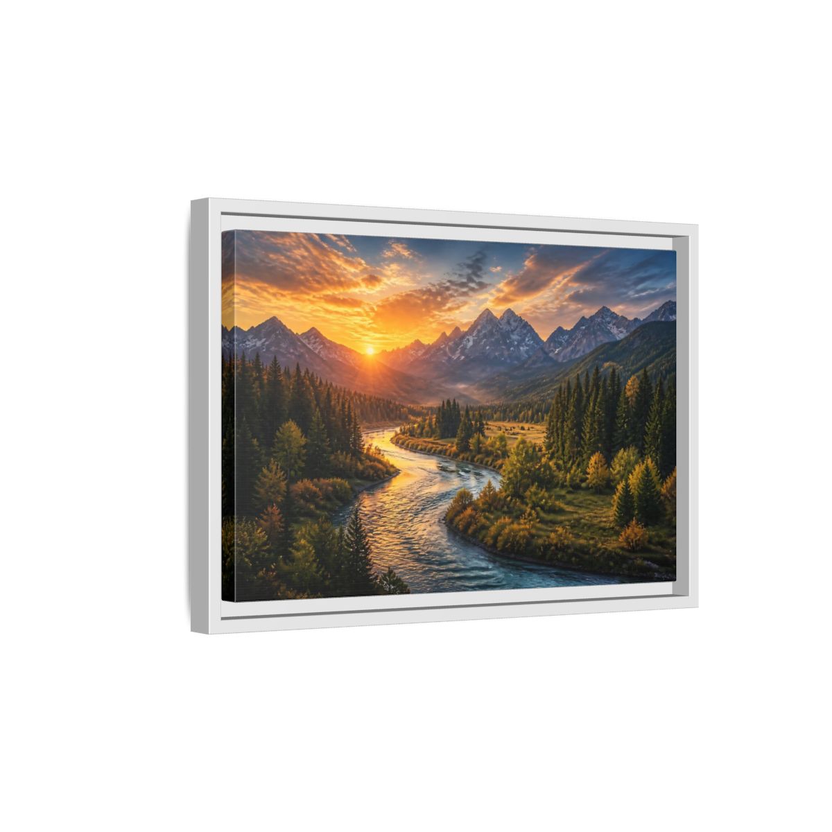 Side Mockup 4. Golden River At Sunrise shown as framed canvas print