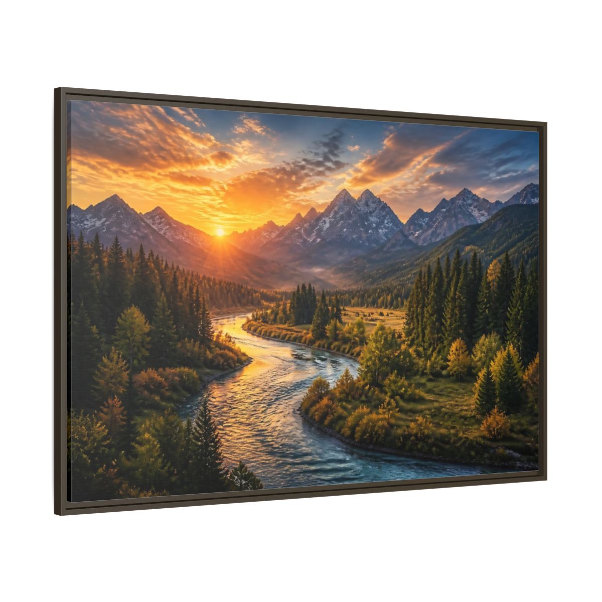 Side Mockup 8. Golden River At Sunrise shown as framed canvas print