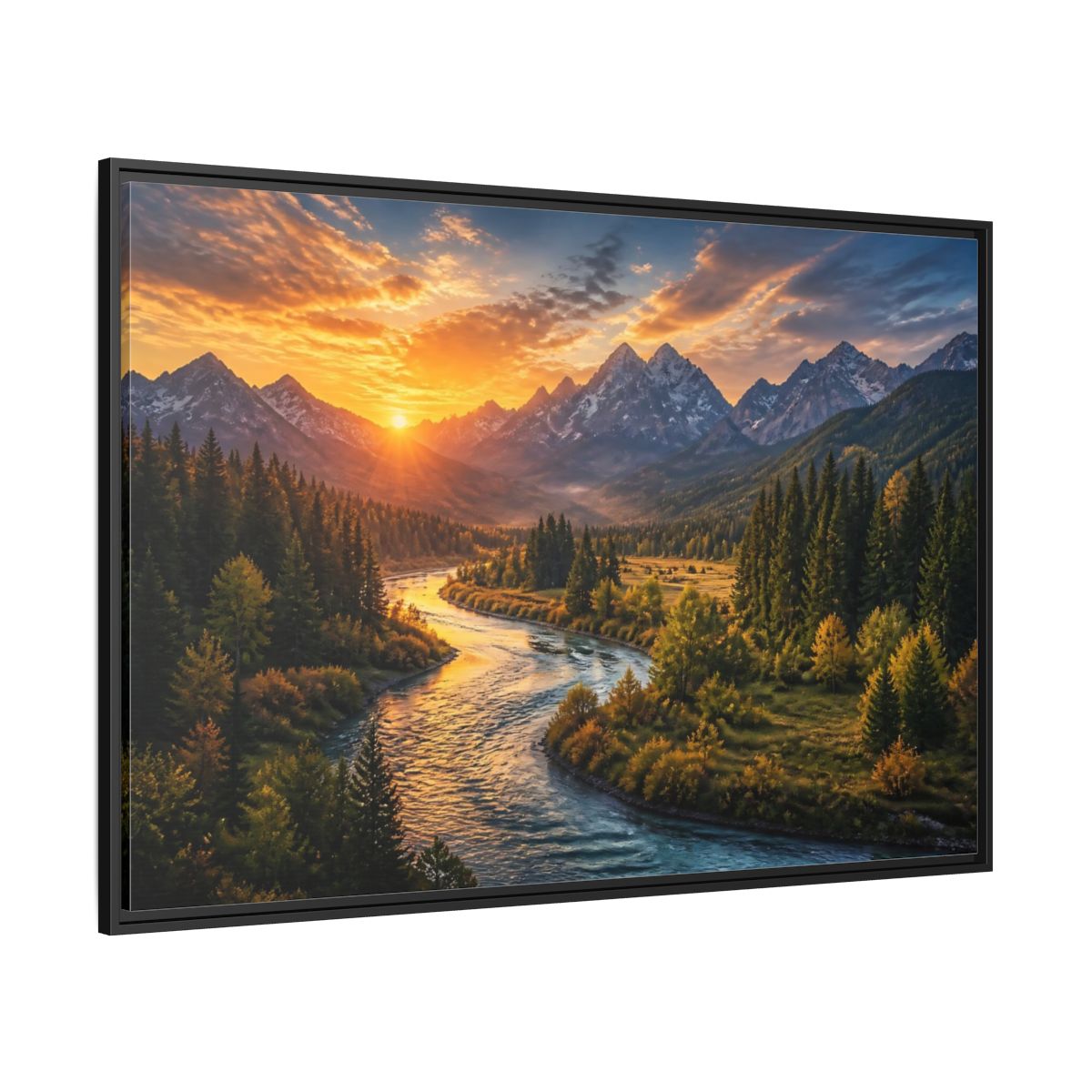 Side Mockup 12. Golden River At Sunrise shown as framed canvas print